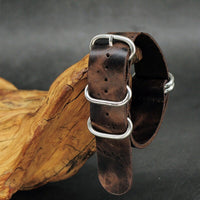 Leather Nato Strap Zulu Strap Vintage Cow Leather Watch Band Silver Five Rings Buckle for Watch Accessories 20mm 22mm 24mm