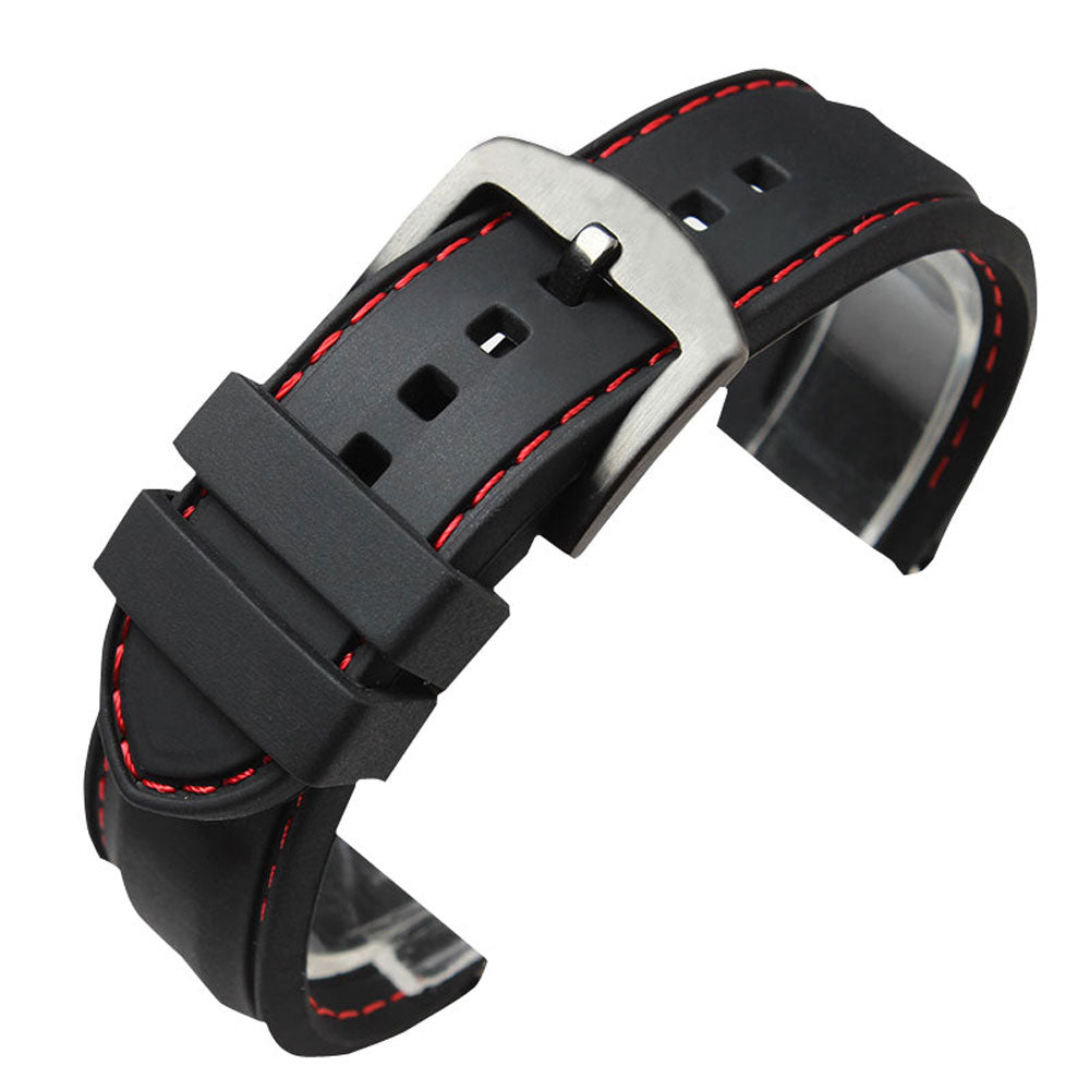 22mm 24mm Black Men Watches Silicone Rubber Watch Band Steel Buckle Red Thread Line Stitching Diving Replacement  Straps